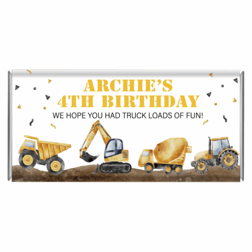 Construction Party Watercolour Custom Chocolate Bar Favours