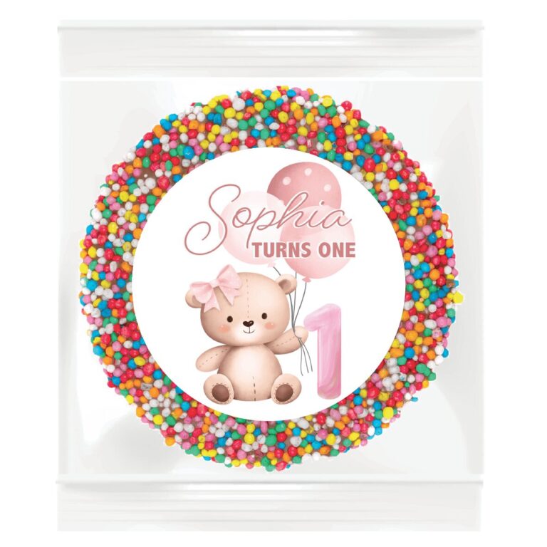 Pink Teddy Bear First Birthday Custom Giant Freckle Favours