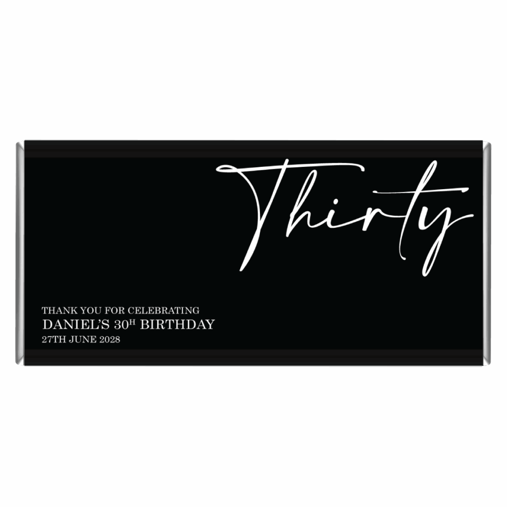 30th Birthday Classy Black & White Chocolate Bar Favours