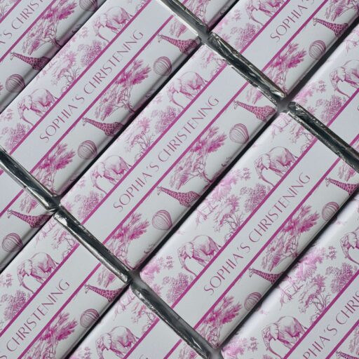 luxury pink safari toile personalised chocolate bar favours